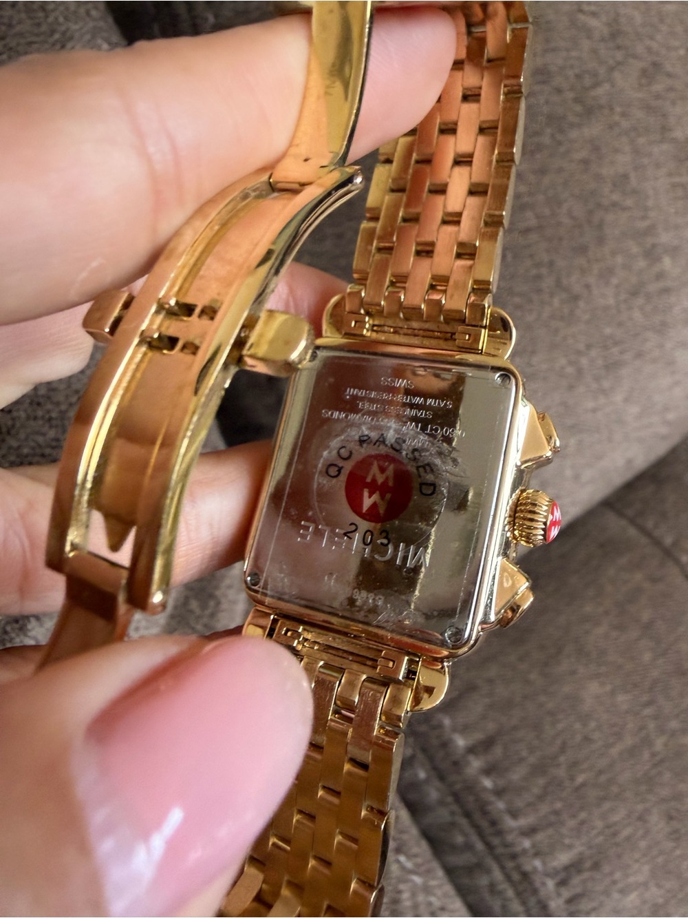 MICHELE Deco Diamond Chronograph Gold-Tone Watch Full Bracelet Box - Picture 5 of 8